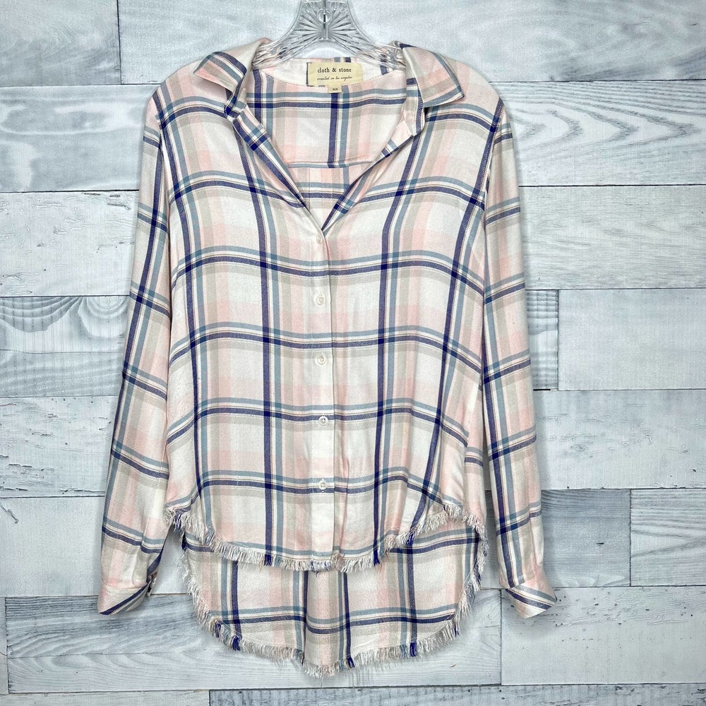 Cloth & Stone Plaid Fringe Button Down Top